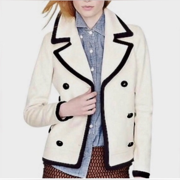 J. Crew Nello Gori Tipped Trim 100% Wool Off White & Black Pea Coat EUC 2 - Picture 1 of 16